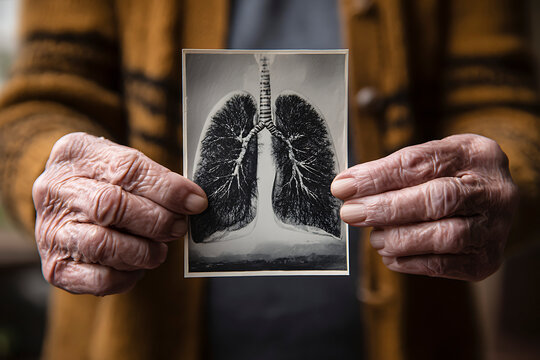 Senior adult holds a photograph of lungs, conceptualizing respiratory health and lung disease awareness with aging.
