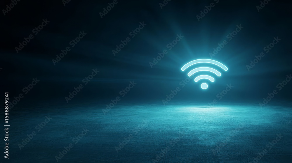 Poster glowing light blue wifi symbol floating above dark textured floor with soft light emanating from it 