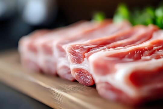 Fresh raw pork belly slices with layers of meat and fat on wooden cutting board, macro shot with selective focus showing meat texture and marbling.