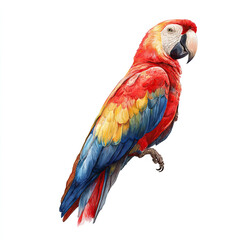 Obraz premium Watercolor red yellow blue macaw parrot hand painted exotic bird illustration white background tropical wildlife colourful animal art nursery decor wall art print