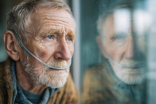 Senior man with oxygen tube gazes through window, deep in thought, reflecting on life and health challenges