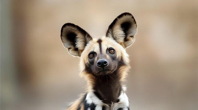 African wild dog portrait showing distinctive large round ears and mottled brown and white fur coat against soft blurred natural background. Wildlife photography.