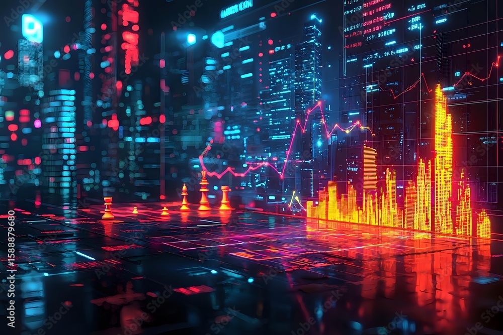 Aufkleber futuristic financial data visualization with glowing charts and graphs reflecting on glossy surface 