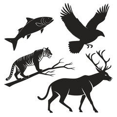 Collection of animal silhouettes including a tiger eagle fish and deer isolated on white background