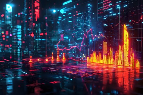 Futuristic financial data visualization with glowing charts and graphs reflecting on glossy surface against urban night cityscape background in neon blue and orange colors. - Powered by Adobe