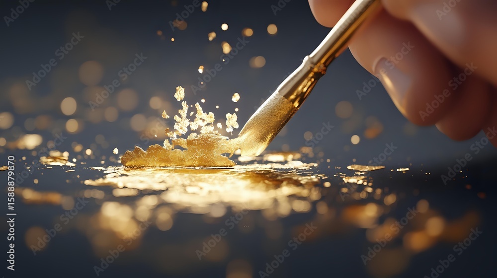 Aufkleber golden paint brush stroke creating splash and sparkles on dark background with dramatic lighting and