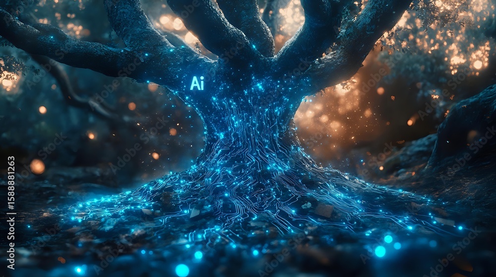 Aufkleber glowing blue digital tree with circuit patterns emerging from dark ground against starry night sky, 