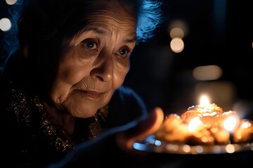 Elderly Asian woman looking at glowing birthday cake in dark room, creating atmospheric moment with candlelight illuminating her contemplative expression.