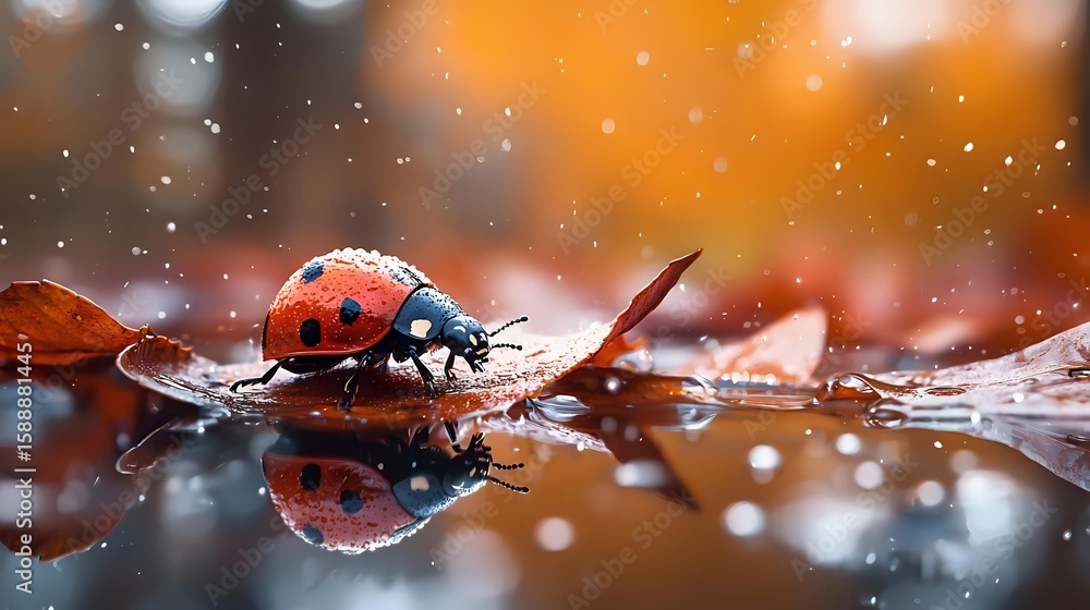 Poster ladybug walking on water surface with reflection, water drops and bokeh lights creating magical atmo