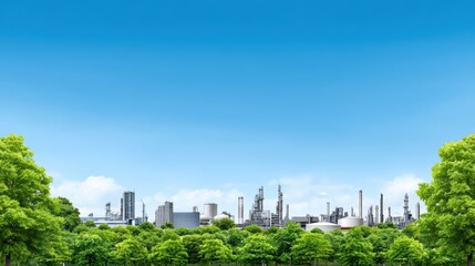 Fototapeta premium Green refinery concept, clean energy plant and fuel tanks surrounded by lush forest, for Advertise, for banner, with copy space