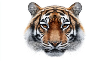 Fototapeta premium Striking tiger face portrait on white background captivating closeup of wildlife majesty