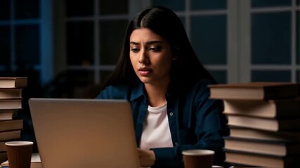 Anxious student looking intently at a laptop screen while studying late at night, surrounded by books, feeling stressed by a deadline, a concept of education and burnout - Powered by Adobe