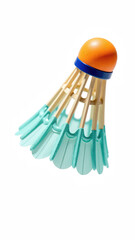 Shuttlecock with vibrant orange top and teal feathers, designed for badminton play, showcasing its unique structure and colors