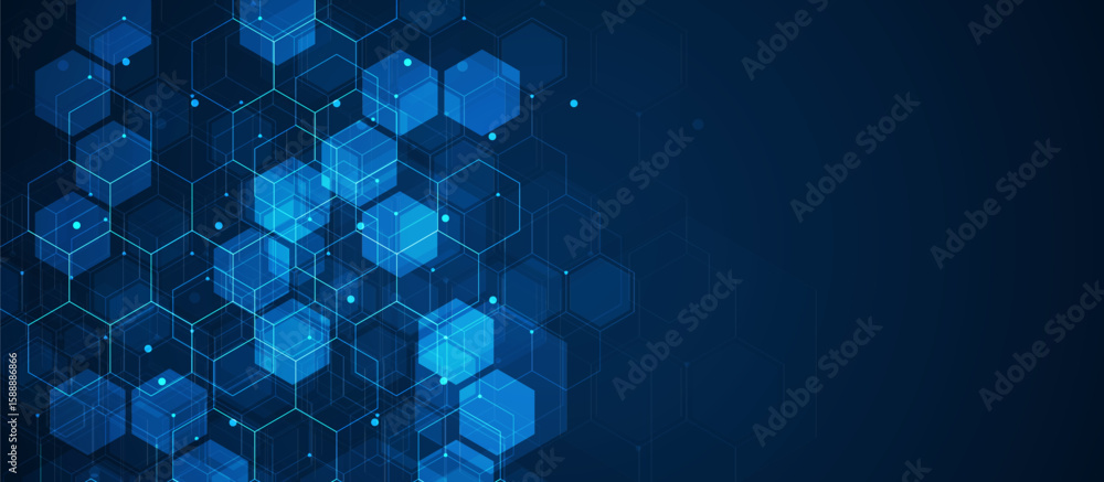 Poster digital technology background. abstract hexagons background with lines and dots. design for science,