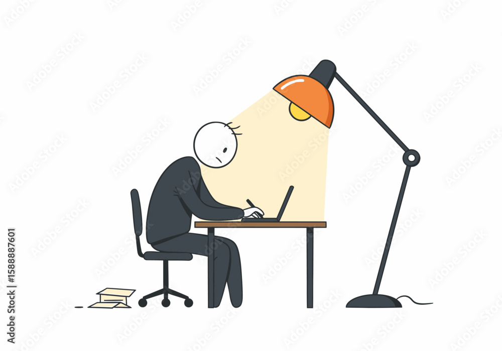 Aufkleber stick figure working late at a desk under a large desk lamp focused on laptop computer and writing n