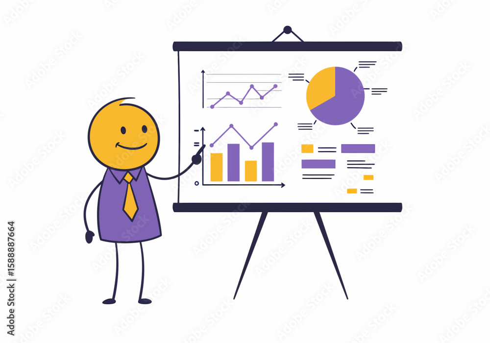 Poster presentation of business growth charts and data analysis by stick figure