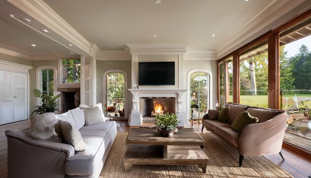 a beautiful house in which the fireplace in the living room gets a lot of attention beautiful living room in new traditional style luxury home