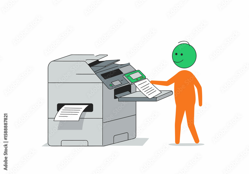Poster person operating a modern digital photocopier machine for document copying and scanning tasks