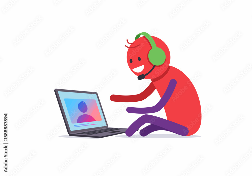 Aufkleber smiling character with headset talking on laptop video call connection