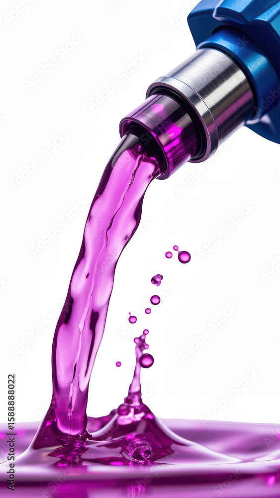 Aufkleber vibrant purple liquid flows from metallic nozzle, creating splashes and droplets in pool below, show