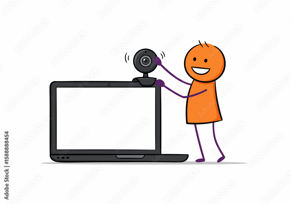 Poster stick figure character attaching a webcam to a laptop computer screen for video conferencing or onli