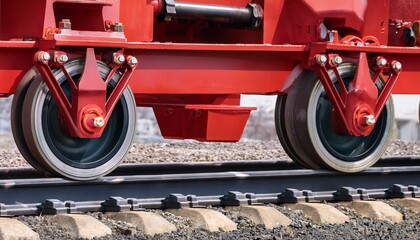 Fototapeta premium close up of industrial red wheels on a metal track system for machinery
