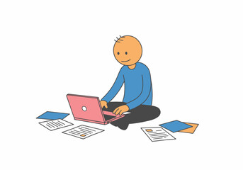 Person working on laptop on the floor with papers around them