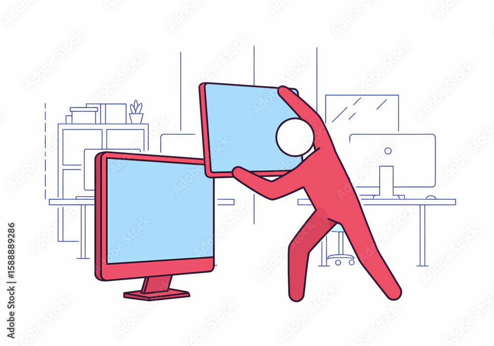 Poster person assembling a modern computer setup with multiple monitors in an office