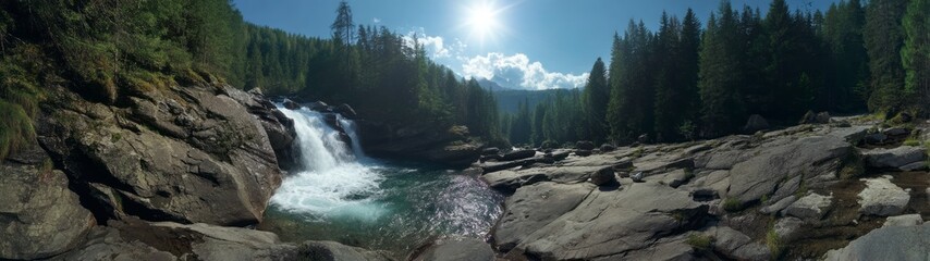 Fototapeta premium Panoramic 360 degrees hdr landscape of waterfall and river nature scene high-quality view