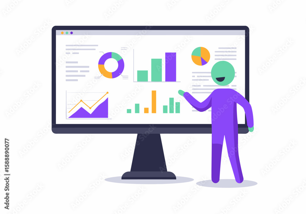 Poster person presenting data analysis charts and graphs on a large computer screen