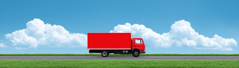 transportation concept, red cargo truck on countryside highway with blue sky and green field, for Advertise, for banner, with copy space