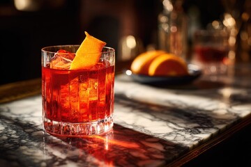 Red cocktail, ice, orange zest