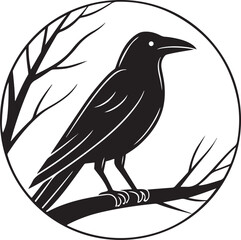 Fototapeta premium Silhouette of a raven perched on a branch inside a circular frame illustration