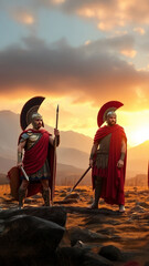 Ancient Warriors of Power in Full Armor and Formation, epic scenic background
