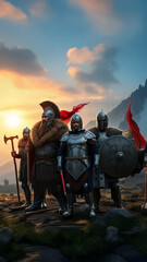 Ancient Warriors of Power in Full Armor and Formation, epic scenic background