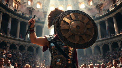 Victorious Roman Gladiator Lifts Arm in Colosseum Arena Light, epic background