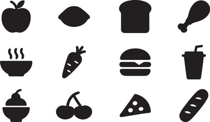 Food and drink icons set featuring a vintage hipster gentleman with a hat, mustache, and glasses in a retro black silhouette design