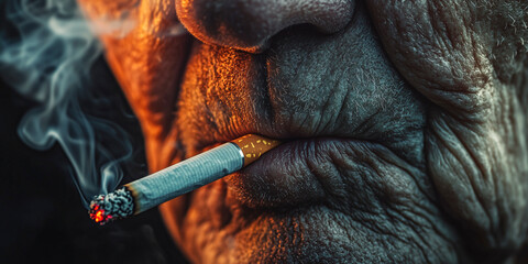 close up of an old man’s wrinkled face holding a burning cigarette between his lips, with smoke swirling in the air - concept of tobacco addiction and its harmful impact on health
