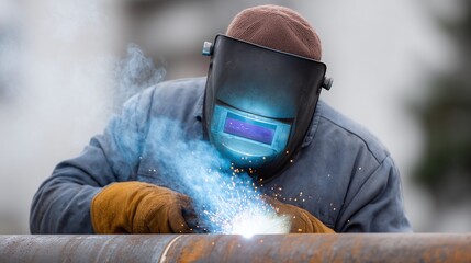 Skilled Welder Wearing Protective Mask Welding Metal Pipe with Precision and Expertise in Industrial Setting Outdoors