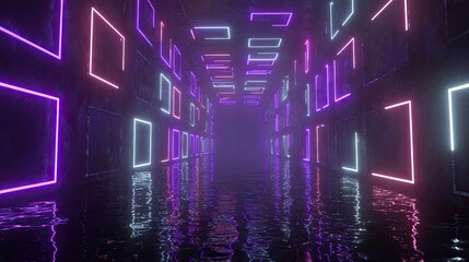 Neon rectangles in a dark tunnel reflect in a water surface