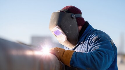 Construction Worker Welding Pipe on Sunny Day in Protective Gear Highlighting Skill and Precision in Industrial Setting