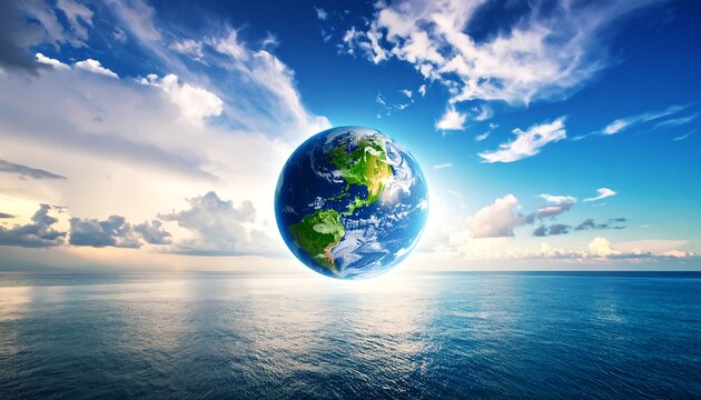 Earth hovering over serene ocean and clouds - Powered by Adobe