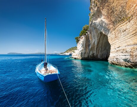serene azure boat drifts under sunlit cliff reminiscent of ancient odysseus journeys and mediterranean ferragosto celebrations