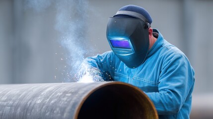 Welder Man Performing Arc Welding on Large Metal Pipe in Industrial Setting with Protective Gear and Sparks Visible