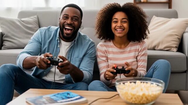 An excited african american father and teenage daughter laugh while playing video games with controllers in their living room, a moment of family bonding and digital entertainment