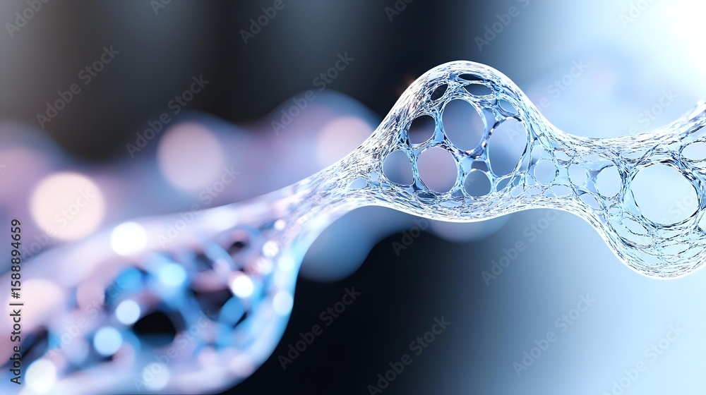 Poster macro photography of soap bubble structure with delicate iridescent patterns and bokeh effect in blu