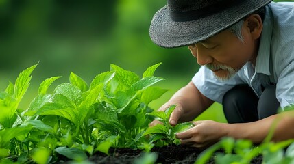 Senior Asian male farmer in protective mask and hat carefully inspecting green tea leaves on plantation, checking crop quality during harvest season in morning light.