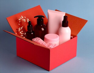 Skincare gift box with cosmetic products – wellness packaging scene
