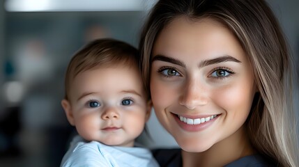 Young Caucasian mother with blonde hair and bright smile holding adorable baby with blue eyes in casual home setting, expressing joy and tender maternal care.