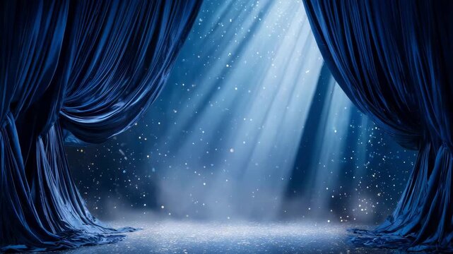 A stage is set with rich blue curtains while soft beams of light filter through, creating a magical ambiance for a live performance